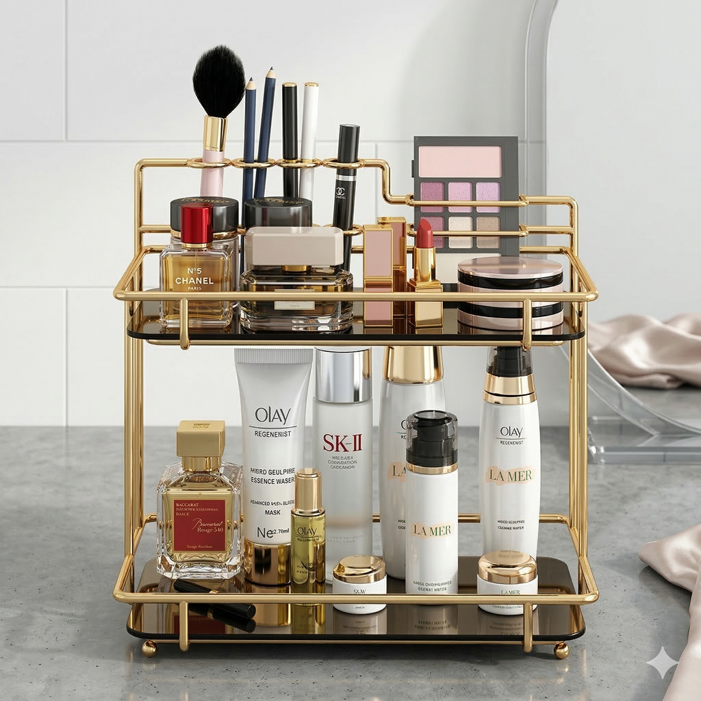 2-Tier Premium Vanity Organizer – Shiny Gold Frame with Integrated Makeup Brush Holder – Luxury Black Marble Base