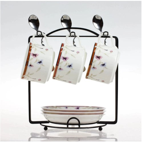 6-Cup Metal Coffee Mug Holder with Saucer Rack - Stylish Kitchen Tea Set Organizer