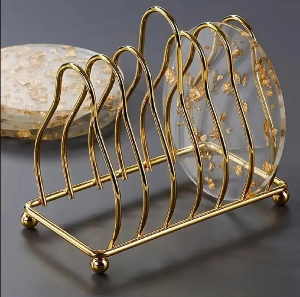 Luxury Gold Metal Plate Coaster Stand – Multi-Slot Wire Organizer for Dining & Kitchen