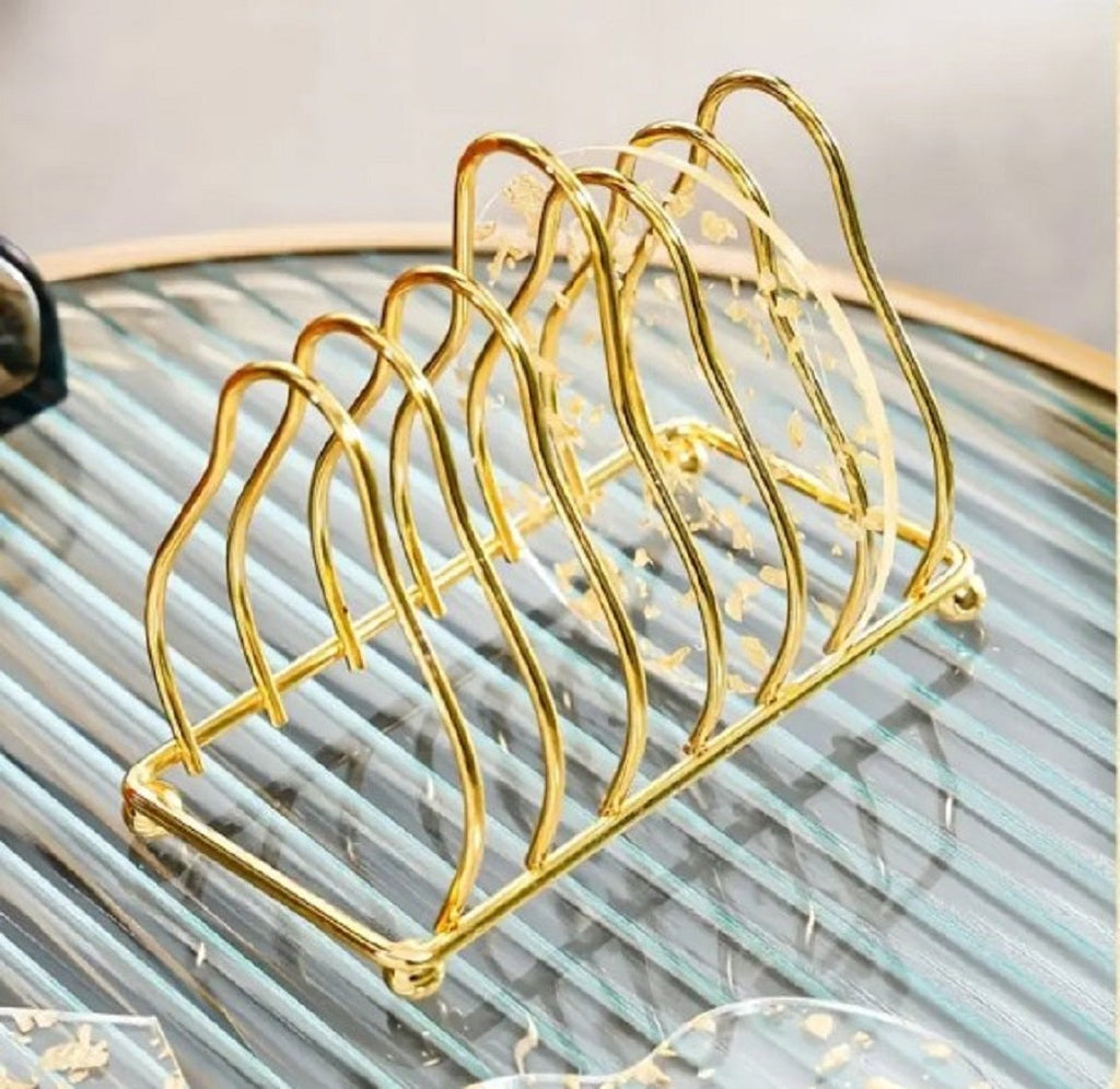 Luxury Gold Metal Plate Coaster Stand – Multi-Slot Wire Organizer for Dining & Kitchen