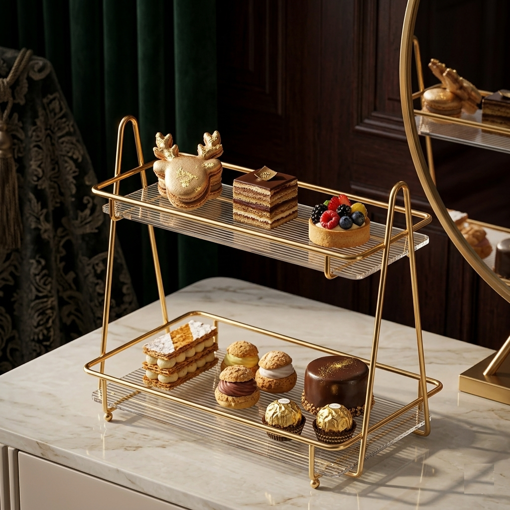 Luxury 2-Tier Gold Display Rack - Multipurpose Metal Organizer for Dessert, Perfume & Cosmetics
