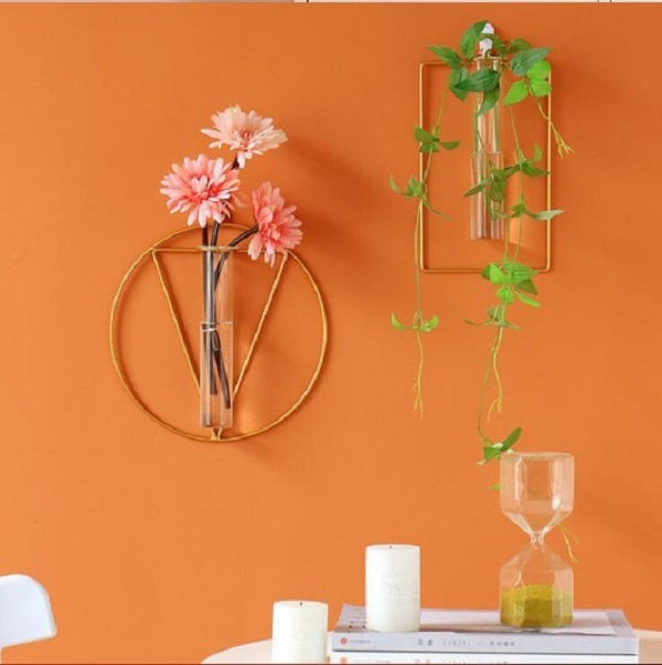 1pc Wall-mounted Glass Vase Home Decor Wall Decoration Iron Hanging Flower Vases Hydroponic Plants Container