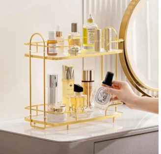 2-Tier Golden Rectangular Organizer | Premium Multi-Purpose Rack for Cosmetics, Perfumes & Dining Table Display (Rust-Proof & Stylish)