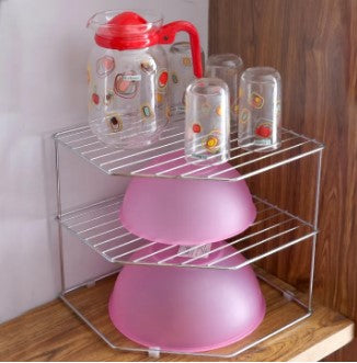Luxury Golden 2-Tier Kitchen Corner Storage Organizer – Premium Metal Spice Rack & Plate Holder – Heavy-Duty Countertop Display Stand