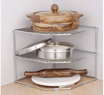 Luxury Golden 2-Tier Kitchen Corner Storage Organizer – Premium Metal Spice Rack & Plate Holder – Heavy-Duty Countertop Display Stand