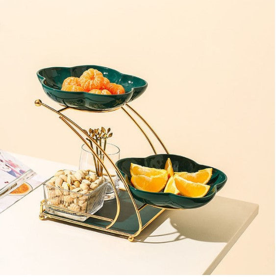 Luxury 2-Bowl & Tray Gold Serving Stand – Elegant Metal Rack with Glass Bowls for Snacks & Dry Fruits