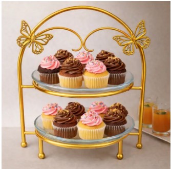 2-Tier Serving Stand – Elegant Golden Metal Rack with Glass Platters for Ramadan Iftar, Fruits, Snacks & Desserts