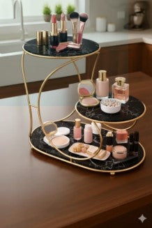 3-Tier Golden Cosmetic Organizer – Premium Vanity Stand with Black Acrylic Base for Perfumes & Makeup Display