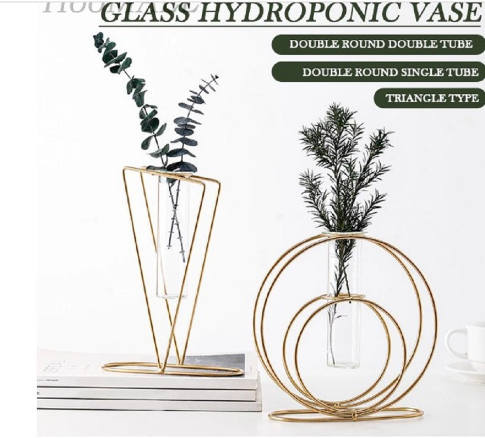 Modern Double Ring Metal Table Vase – Luxury Minimalist Glass Plant Holder for Home & Office