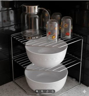 Luxury Golden 2-Tier Kitchen Corner Storage Organizer – Premium Metal Spice Rack & Plate Holder – Heavy-Duty Countertop Display Stand