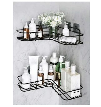 1pc Premium Corner Wall Mounted Storage Rack – Heavy-Duty L-Shaped Metal Organizer Shelf for Bathroom & Kitchen (Matte Black)