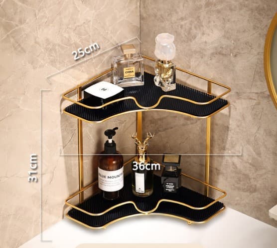 Luxury 2-Tier Corner Organizer Rack - Gold Metal Storage Shelf for Cosmetic & Bathroom Decor