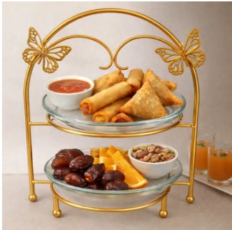 2-Tier Serving Stand – Elegant Golden Metal Rack with Glass Platters for Ramadan Iftar, Fruits, Snacks & Desserts