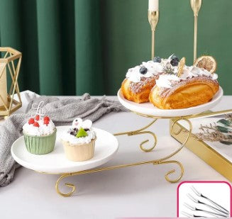 Luxury Dual-Tier Golden Serving Stand – Elegant Metal Dessert & Appetizer Display Tray for Modern Kitchen Decor