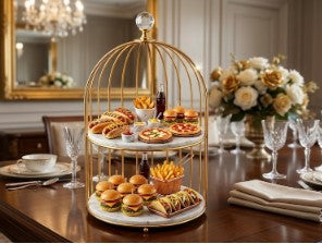 Royal 2-Tier Multi-Purpose Golden Platter Stand – Luxury Display Rack for Fast Food, Desserts & Cosmetic Organization
