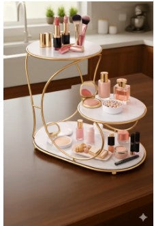 3-Tier Golden Cosmetic Organizer – Premium Vanity Stand with Black Acrylic Base for Perfumes & Makeup Display