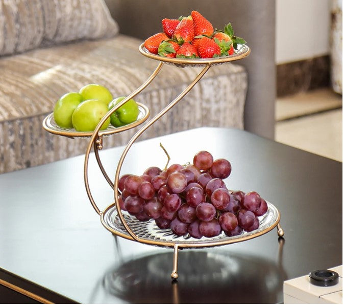 Luxury 3-Tier Spiral Fruit Serving Rack – Elegant Gold Metal Stand with Glass Plates for Fruits & Desserts