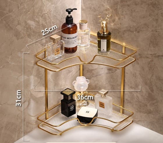 Luxury 2-Tier Corner Organizer Rack - Gold Metal Storage Shelf for Cosmetic & Bathroom Decor