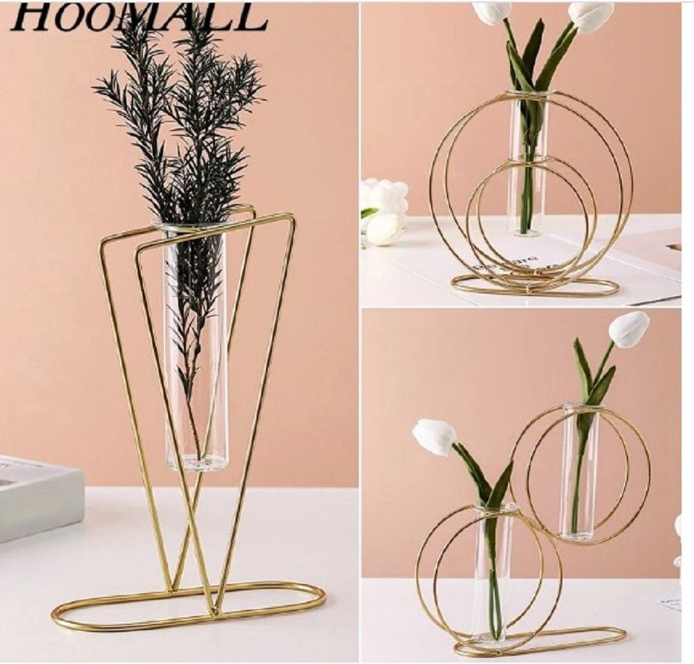 Modern Double Ring Metal Table Vase – Luxury Minimalist Glass Plant Holder for Home & Office
