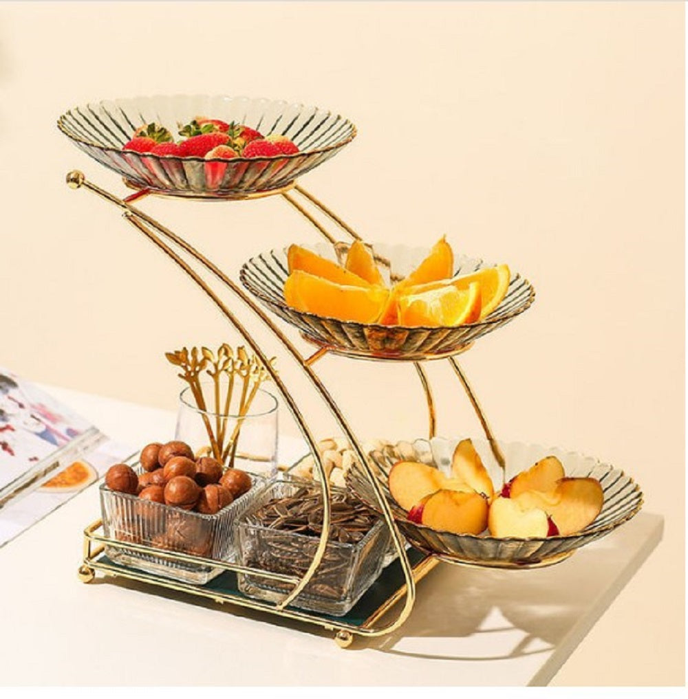 Luxury Multi-3Tier Gold Serving Stand – Elegant Fruit Bowl Set with 3 Decorative Glass Bowls & Square Snack Trays