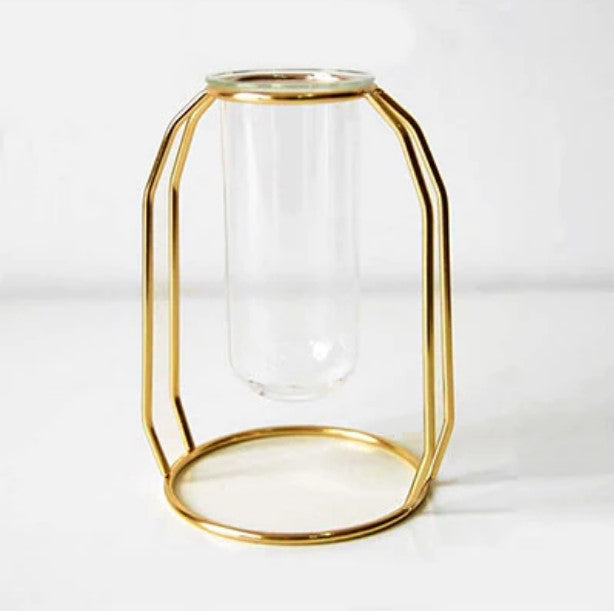 Nordic Gold Geometric Hydroponic Vase - Modern Metal Plant Holder with Glass Tube