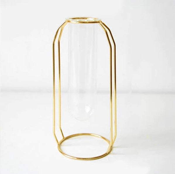 Nordic Gold Geometric Hydroponic Vase - Modern Metal Plant Holder with Glass Tube