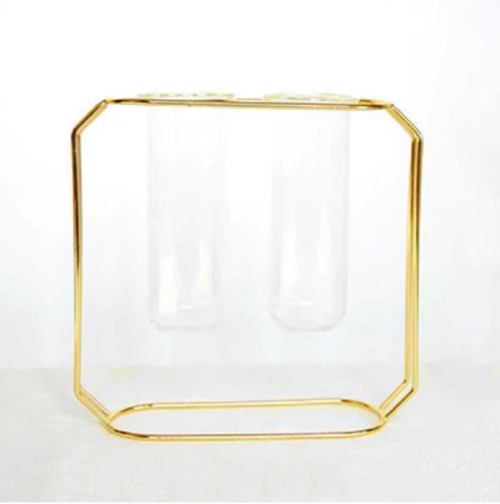 Double Tube Nordic Gold Geometric Vase - Modern Hydroponic Flower Holder