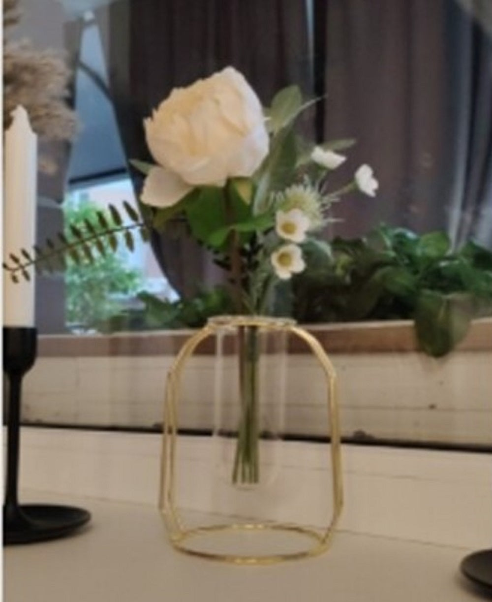 Nordic Gold Geometric Hydroponic Vase - Modern Metal Plant Holder with Glass Tube