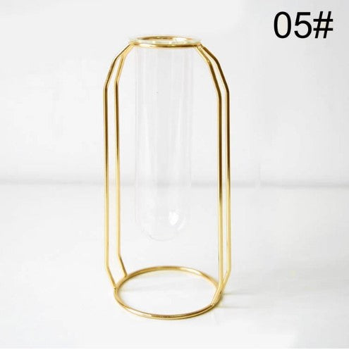Nordic Gold Geometric Hydroponic Vase - Modern Metal Plant Holder with Glass Tube