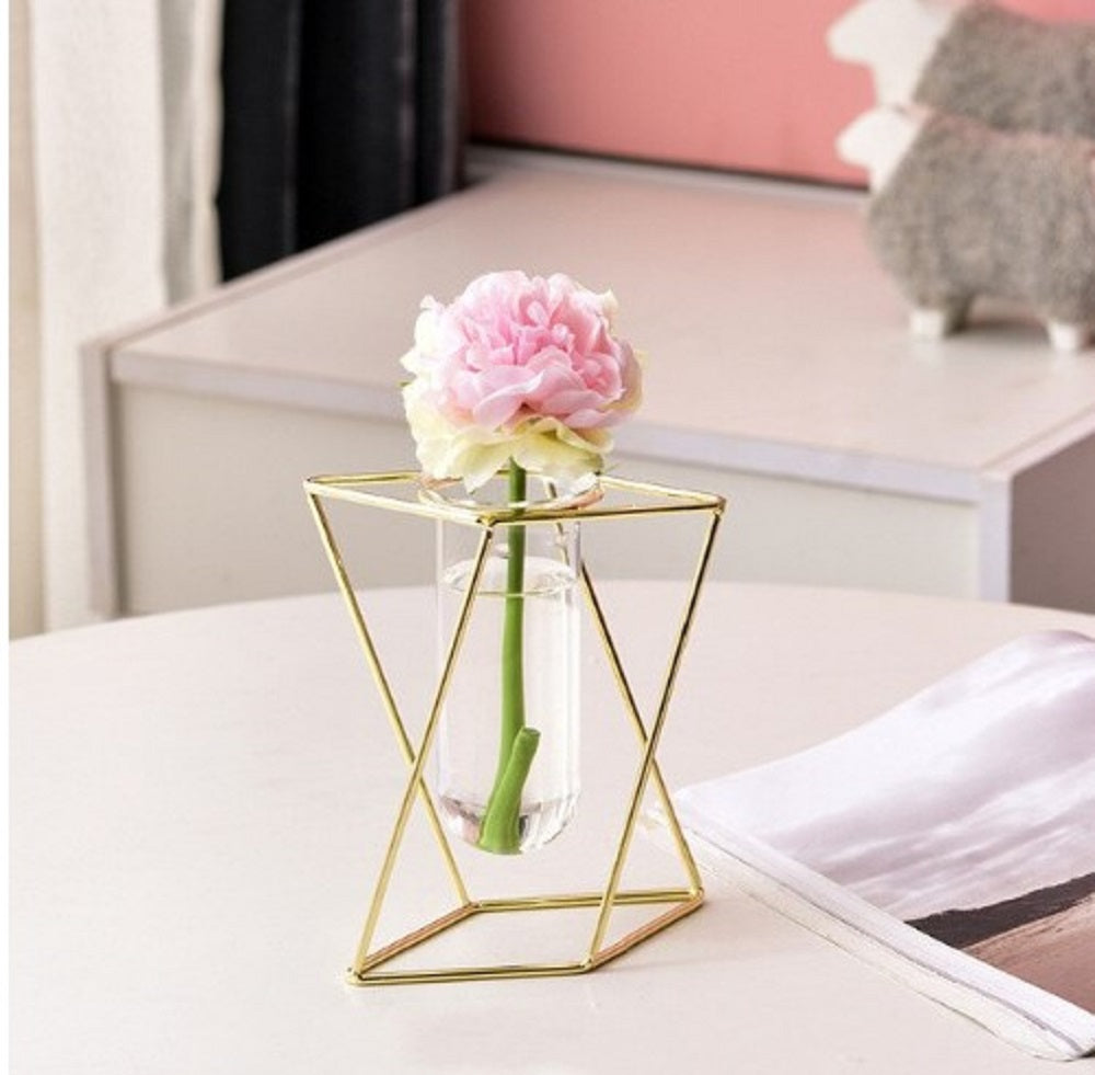 Inverted Triangle Gold Geometric Vase - Modern Hydroponic Flower Holder with Glass Tube