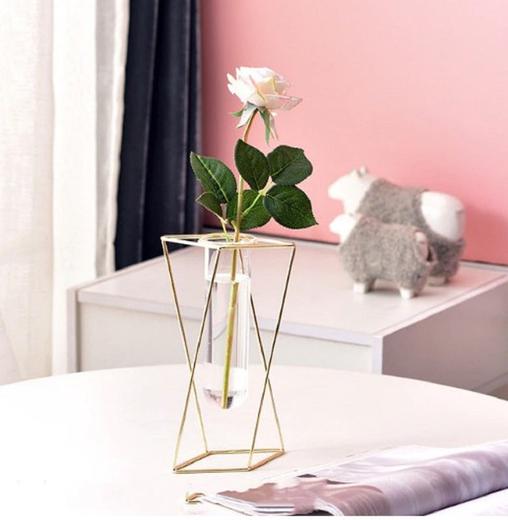 Inverted Triangle Gold Geometric Vase - Modern Hydroponic Flower Holder with Glass Tube