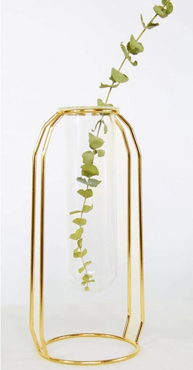 Nordic Gold Geometric Hydroponic Vase - Modern Metal Plant Holder with Glass Tube
