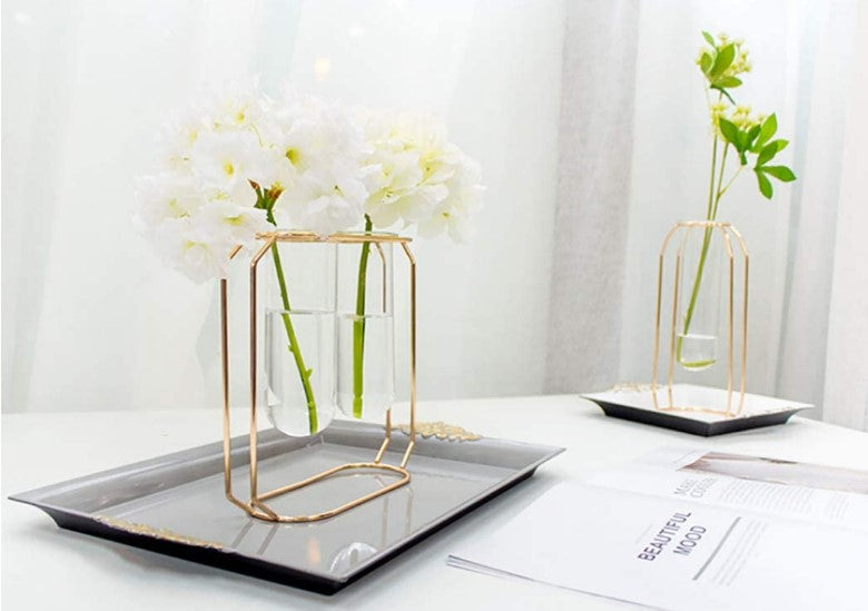 Double Tube Nordic Gold Geometric Vase - Modern Hydroponic Flower Holder
