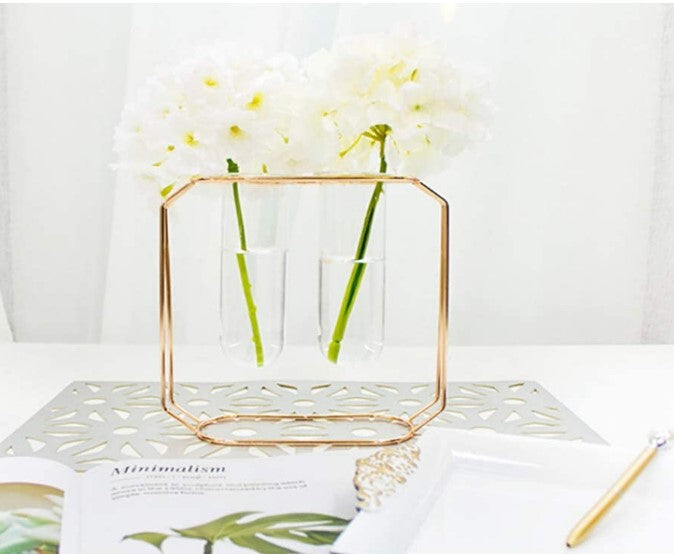 Double Tube Nordic Gold Geometric Vase - Modern Hydroponic Flower Holder