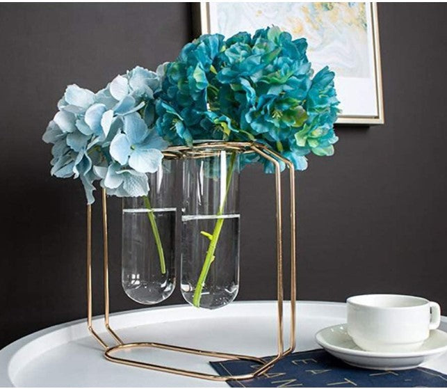 Double Tube Nordic Gold Geometric Vase - Modern Hydroponic Flower Holder