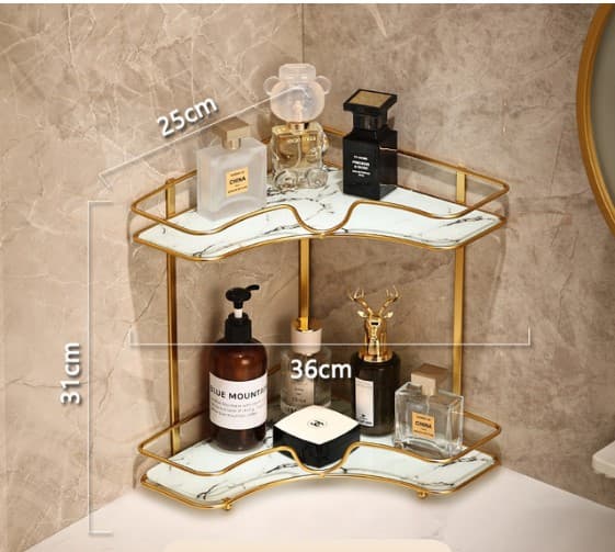 Luxury 2-Tier Corner Organizer Rack - Gold Metal Storage Shelf for Cosmetic & Bathroom Decor
