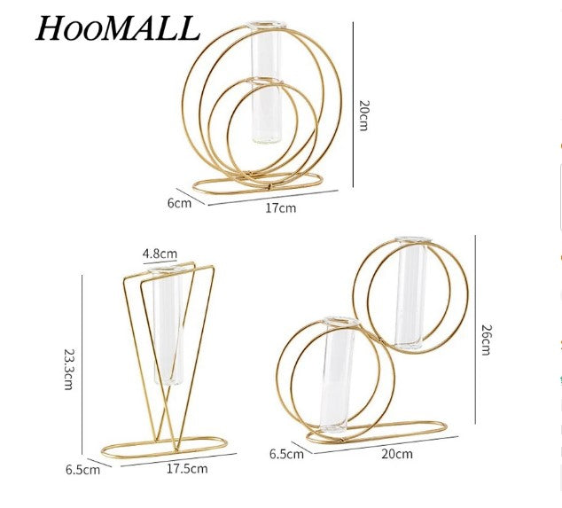 Modern Double Ring Metal Table Vase – Luxury Minimalist Glass Plant Holder for Home & Office