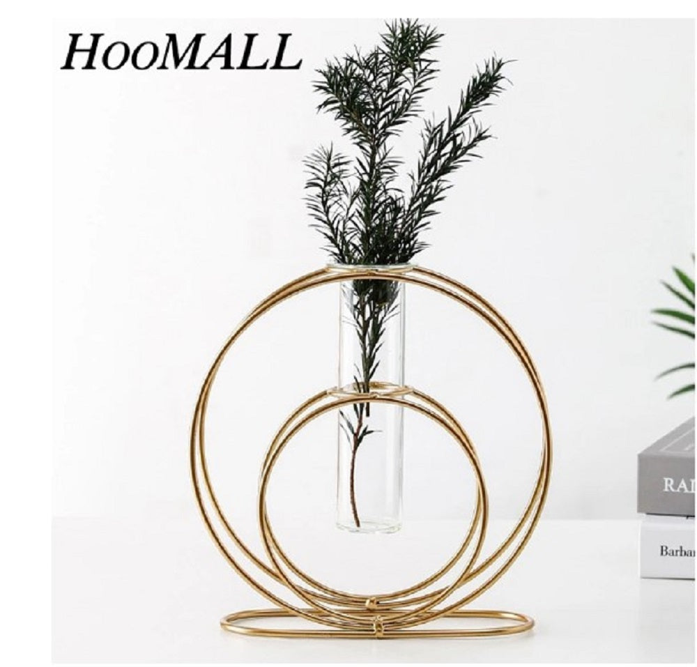 Modern Double Ring Metal Table Vase – Luxury Minimalist Glass Plant Holder for Home & Office