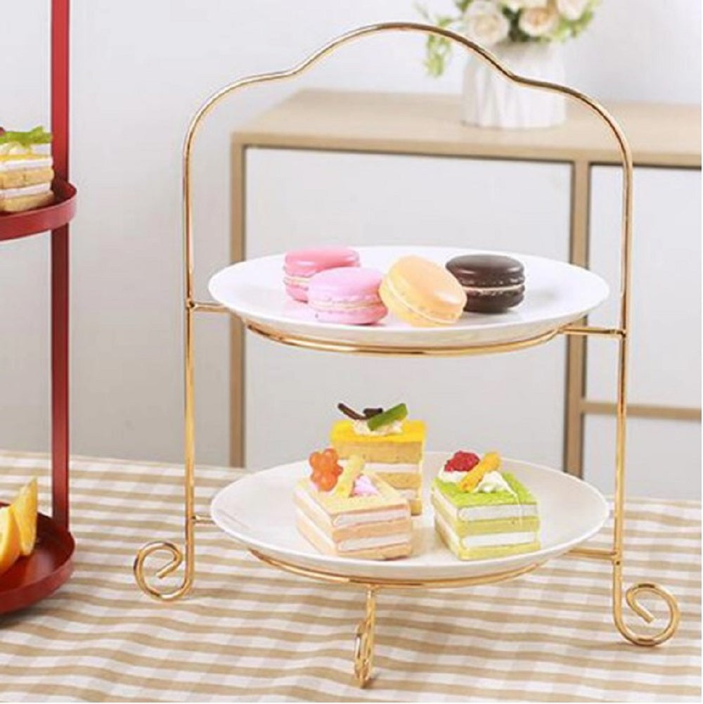 Luxury 2-Tier Gold Dessert & Serving Rack – Elegant Metal Stand with Melamine Plates for Cakes, Pastries & Snacks