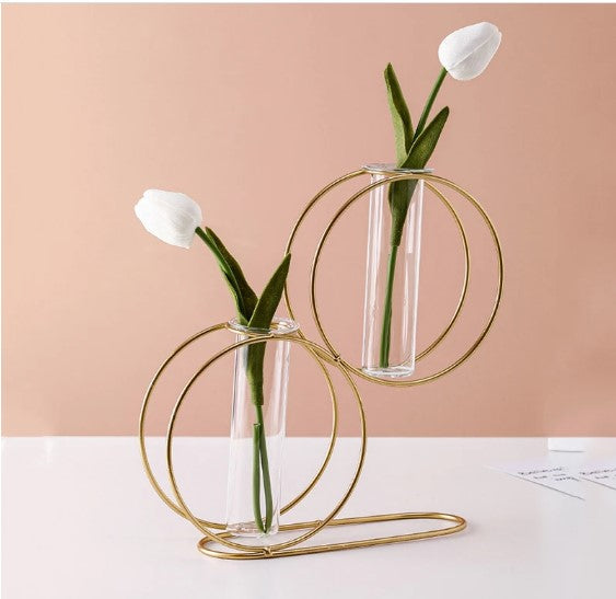 Modern Double Ring Metal Table Vase – Luxury Minimalist Glass Plant Holder for Home & Office