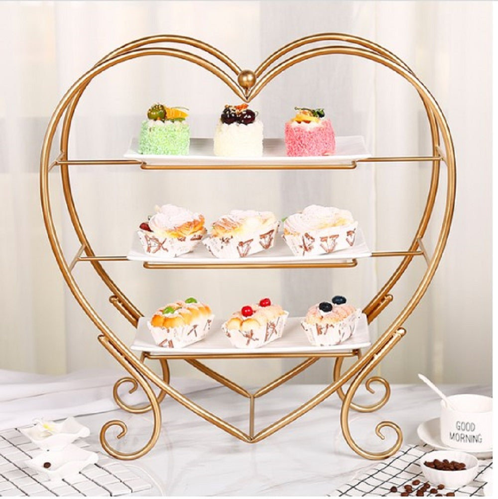 Luxury 3-Tier Heart-Shaped Serving Stand – Elegant Golden Metal Rack with White Ceramic Platters for High Tea, Desserts & Events