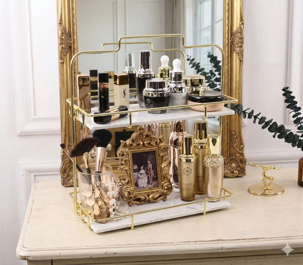 2-Tier Golden Vanity Rack – Elegant Makeup & Skincare Organizer :