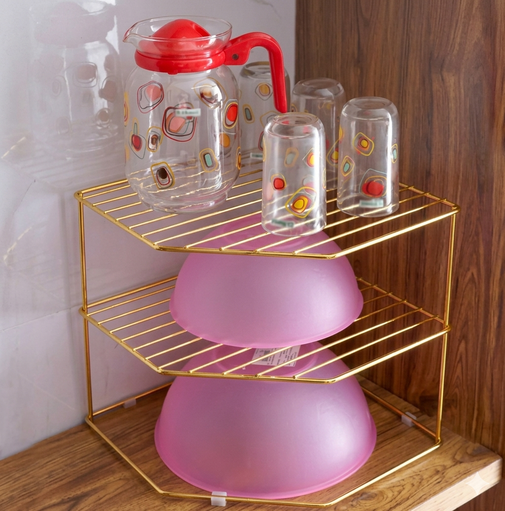 Luxury Golden 2-Tier Kitchen Corner Storage Organizer – Premium Metal Spice Rack & Plate Holder – Heavy-Duty Countertop Display Stand