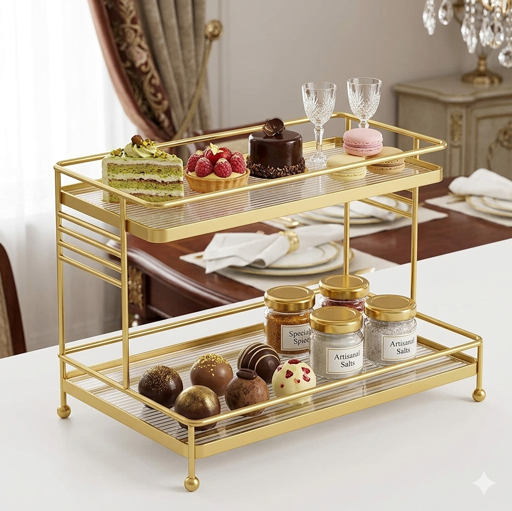 Luxury 2-Tier Gold Display Rack - Multipurpose Metal Organizer for Dessert, Perfume & Cosmetics