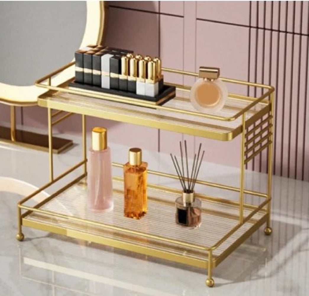 Luxury 2-Tier Gold Display Rack - Multipurpose Metal Organizer for Dessert, Perfume & Cosmetics