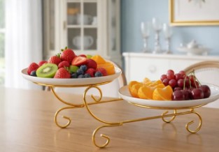 Luxury Dual-Tier Golden Serving Stand – Elegant Metal Dessert & Appetizer Display Tray for Modern Kitchen Decor
